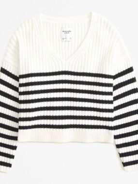 Abercrombie & Fitch Cream V-Neck Sweater with Black Stripes